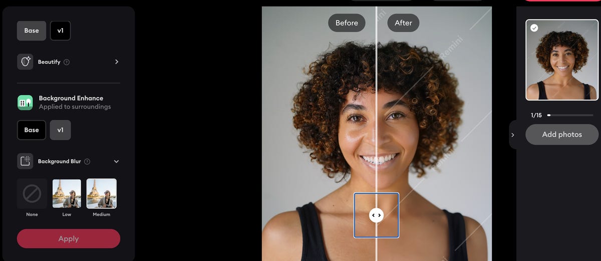 A screenshot of the Remini photo app showing the before and after of an edited photo of a woman