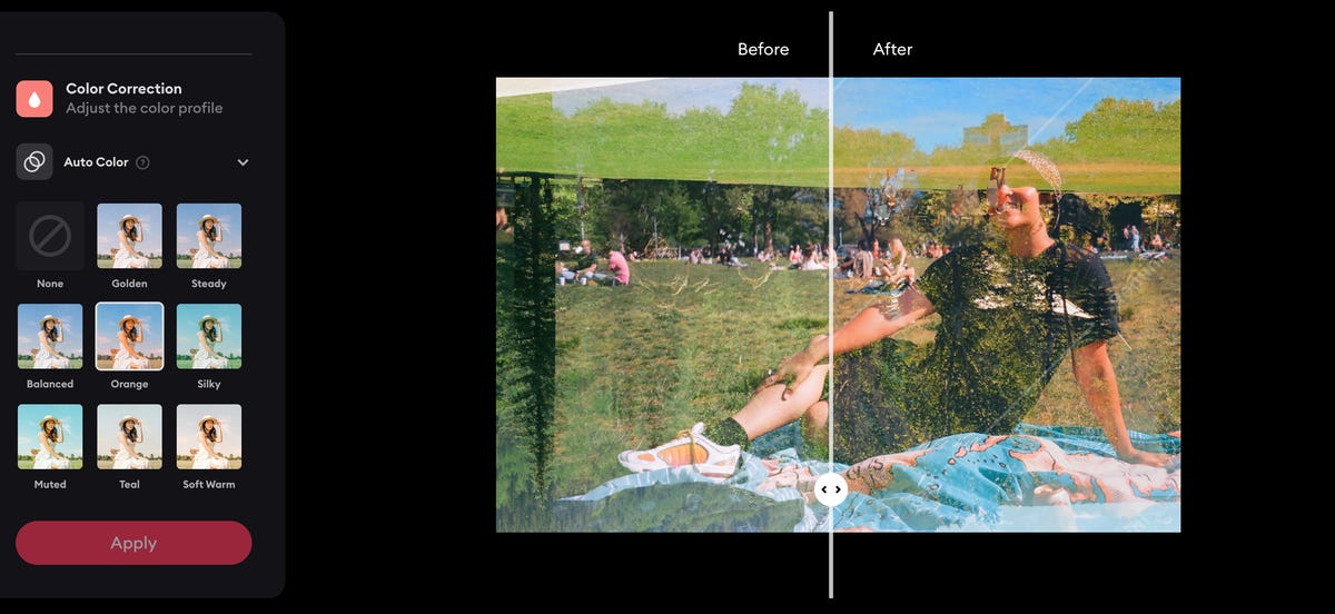 A screenshot of the Remini photo app showing the color correction system on an image