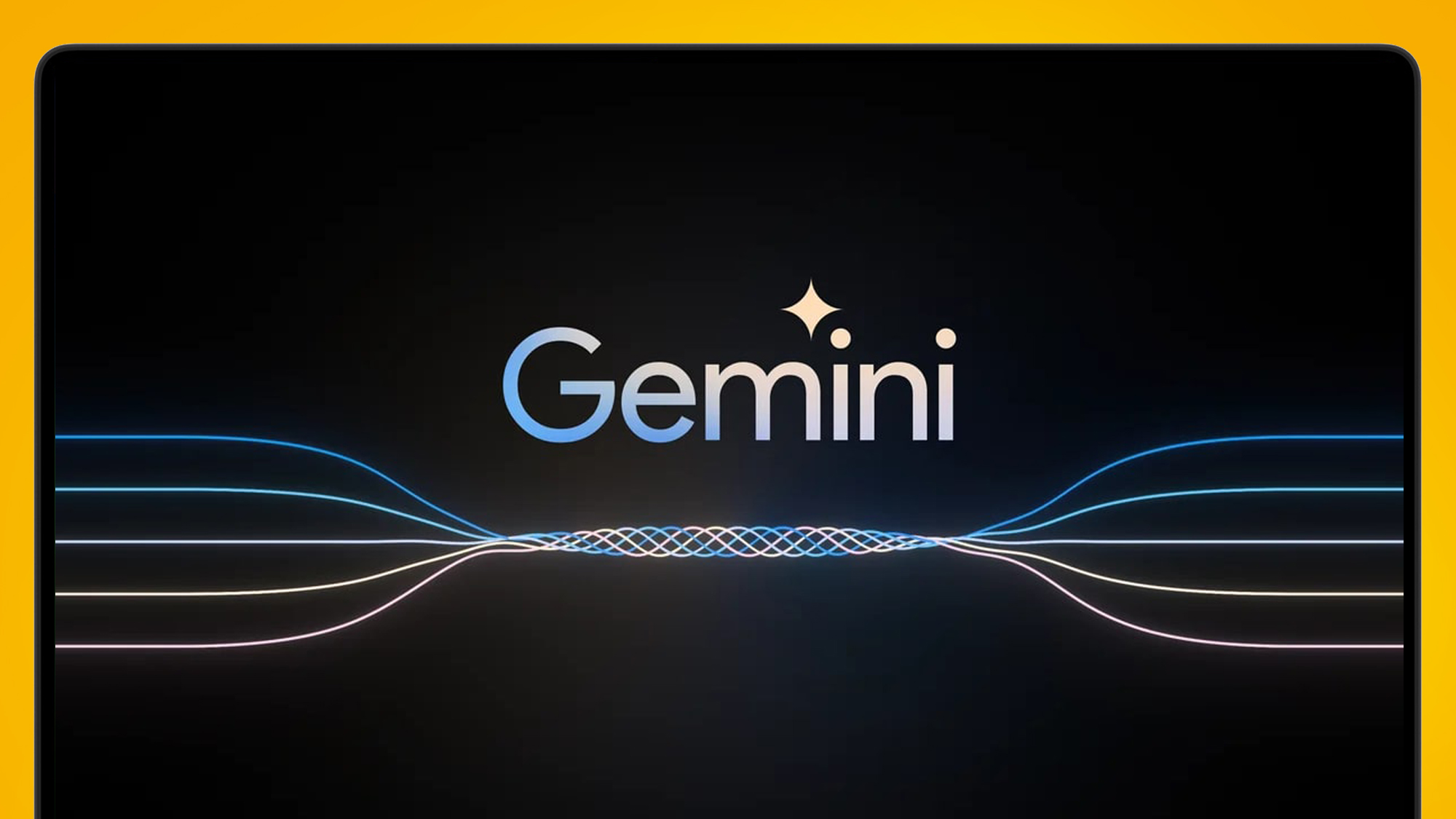 The Google Gemini logo on a laptop screen that is on an orange background