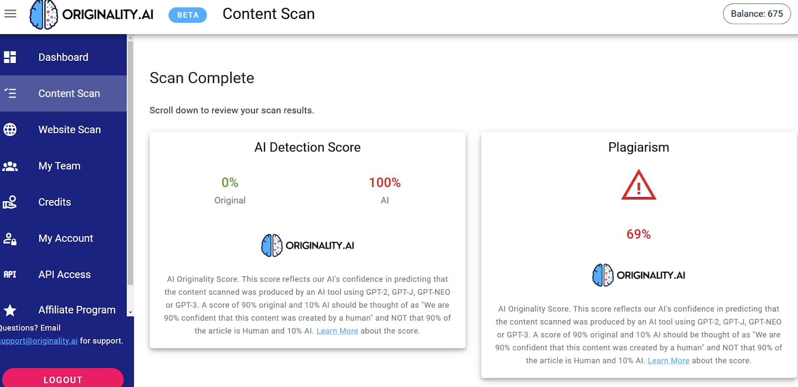 Originality.ai's AI -Detection and Plagiarism Checker