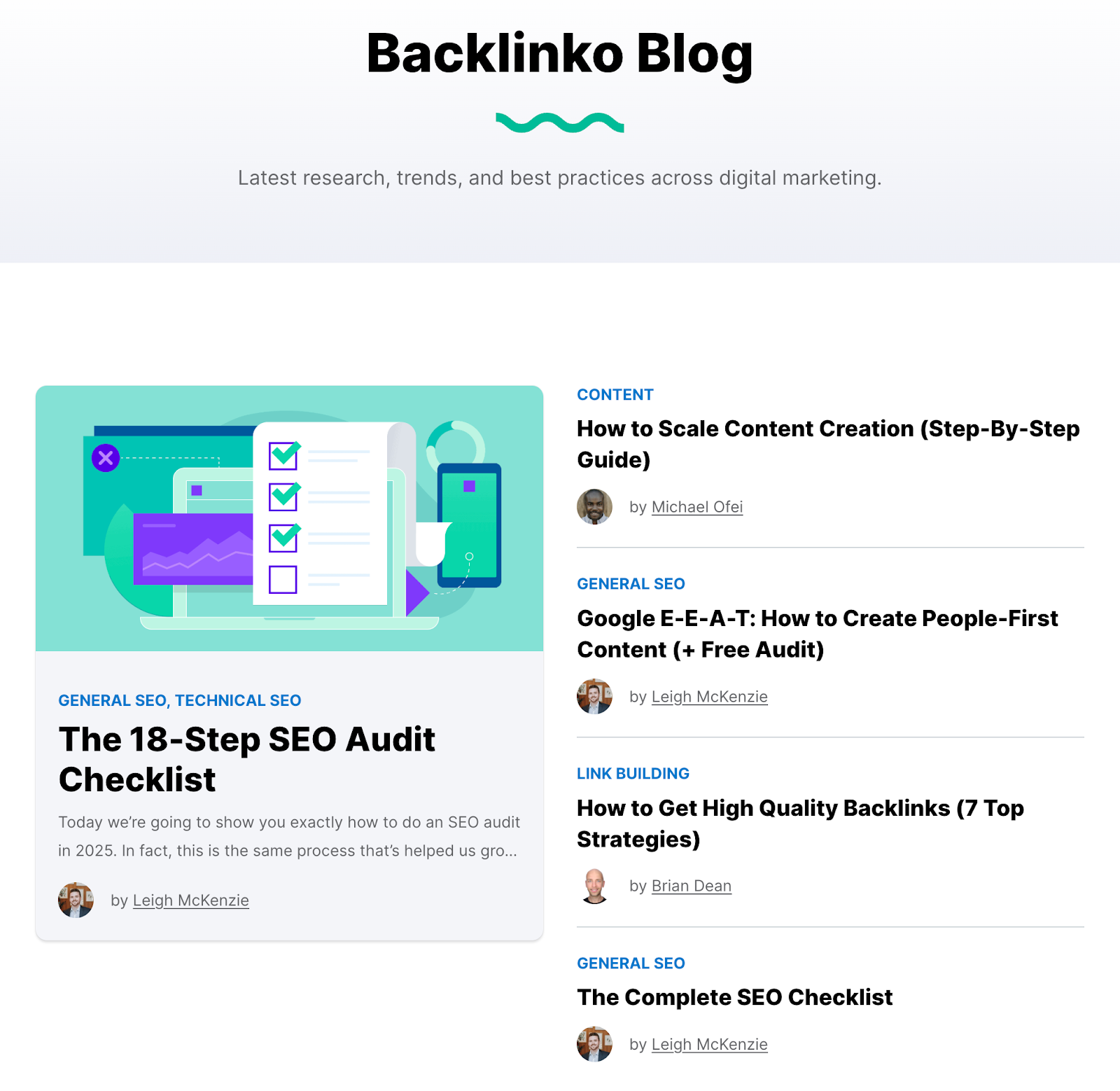 The Backlinko SEO blog includes an SEO Audit Checklist and Content About the Creating Content Content, EAT and Backlinks.