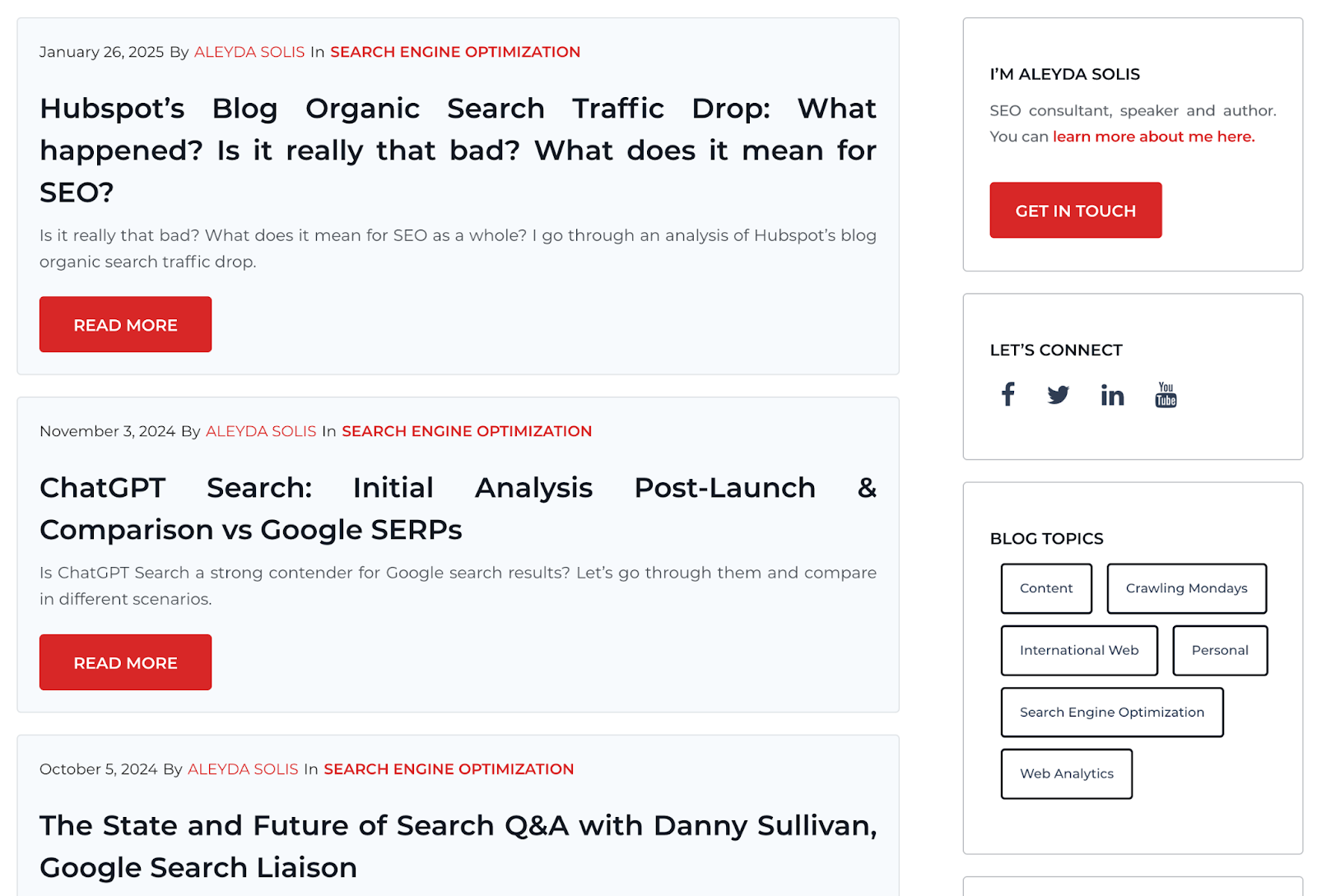 ALEYDA SOLIS's SEO blog contains content about organic traffic drops, chatgpt search and the future of search.