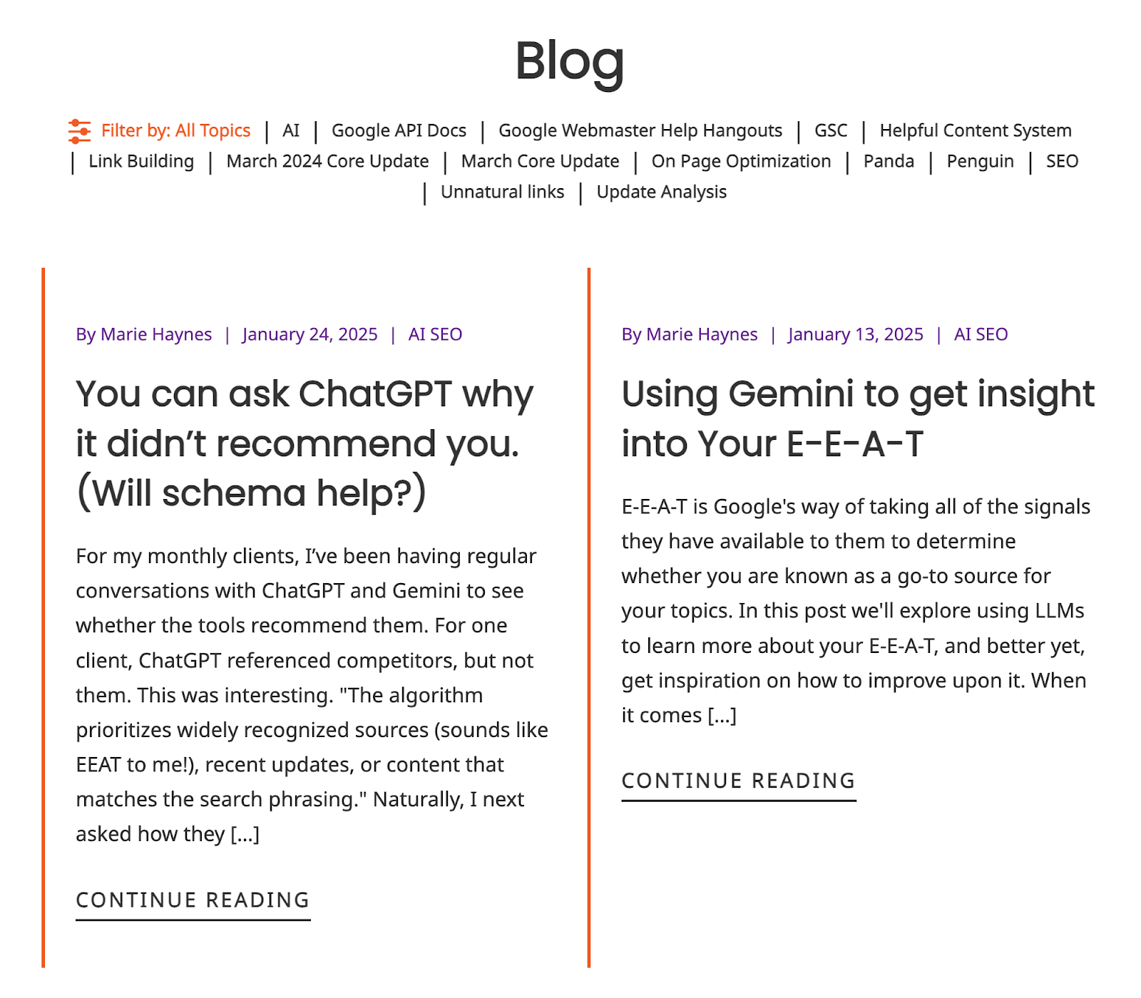 Marie Haynes's SEO blog contains articles on schedule and chatgpt and uses Gemini to review your EAT.