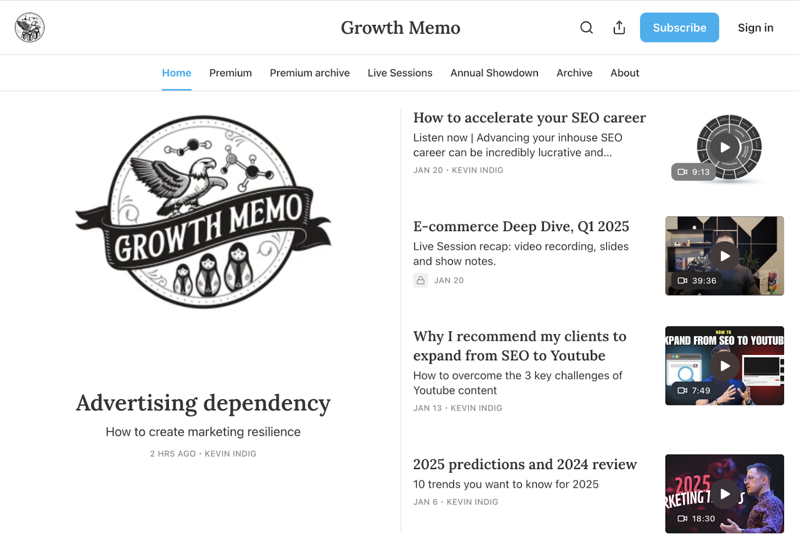 Growth Memo SEO blog contains articles on SEO careers, expanded from SEO to YouTube, and how to create marketing resilience.