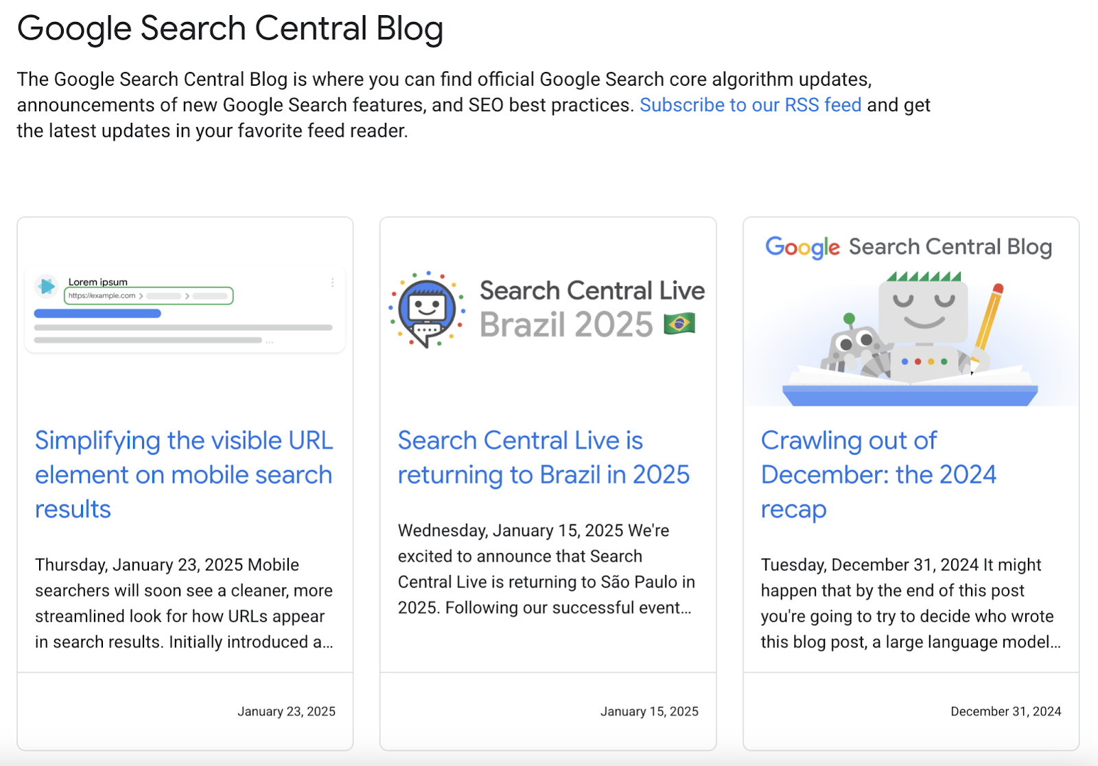 Google Search Central's SEO blog contains articles on simplifying the visible URL on mobile and reconcing 2024.