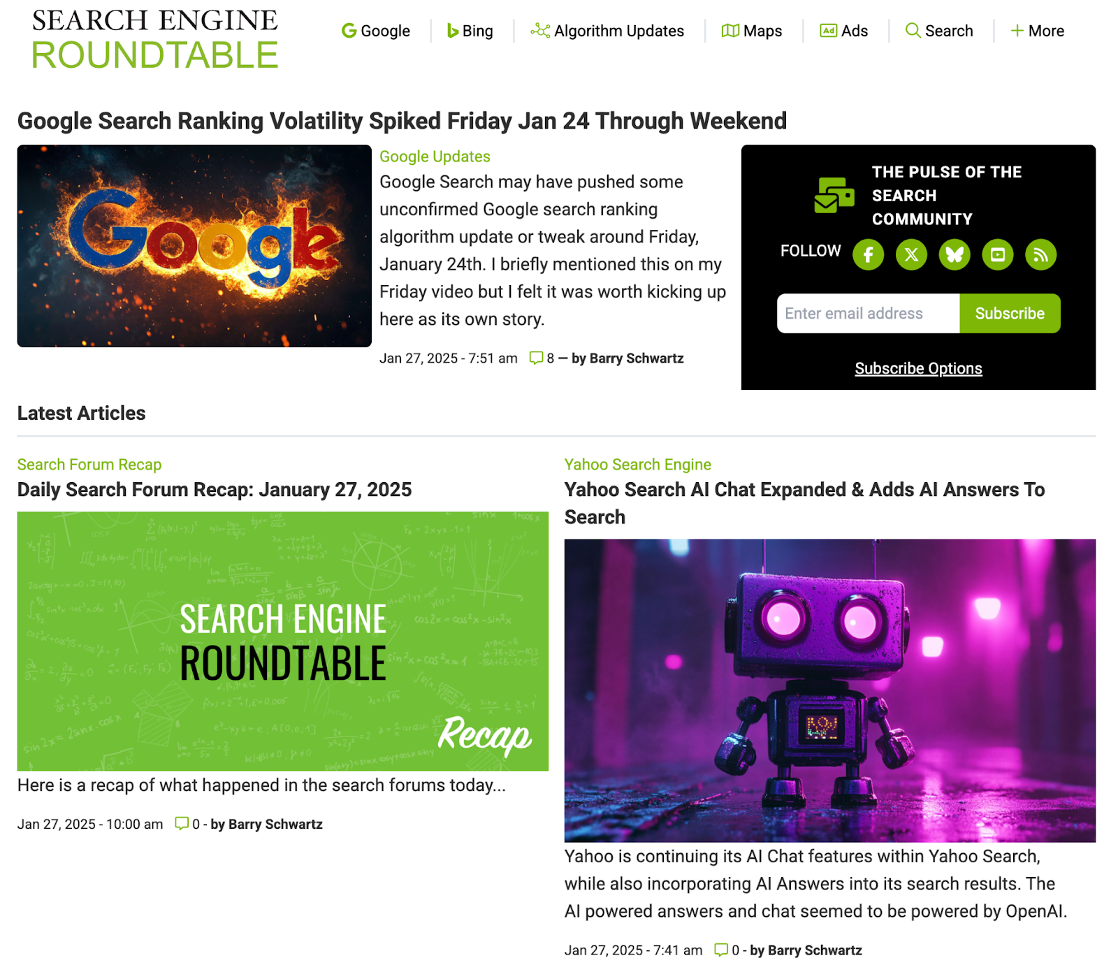 SEARCH Engine Roundtable's website contains SEO content around Google Seeking Ranking Volatility, Searching Postum and Yahoo Search Ai Chat.