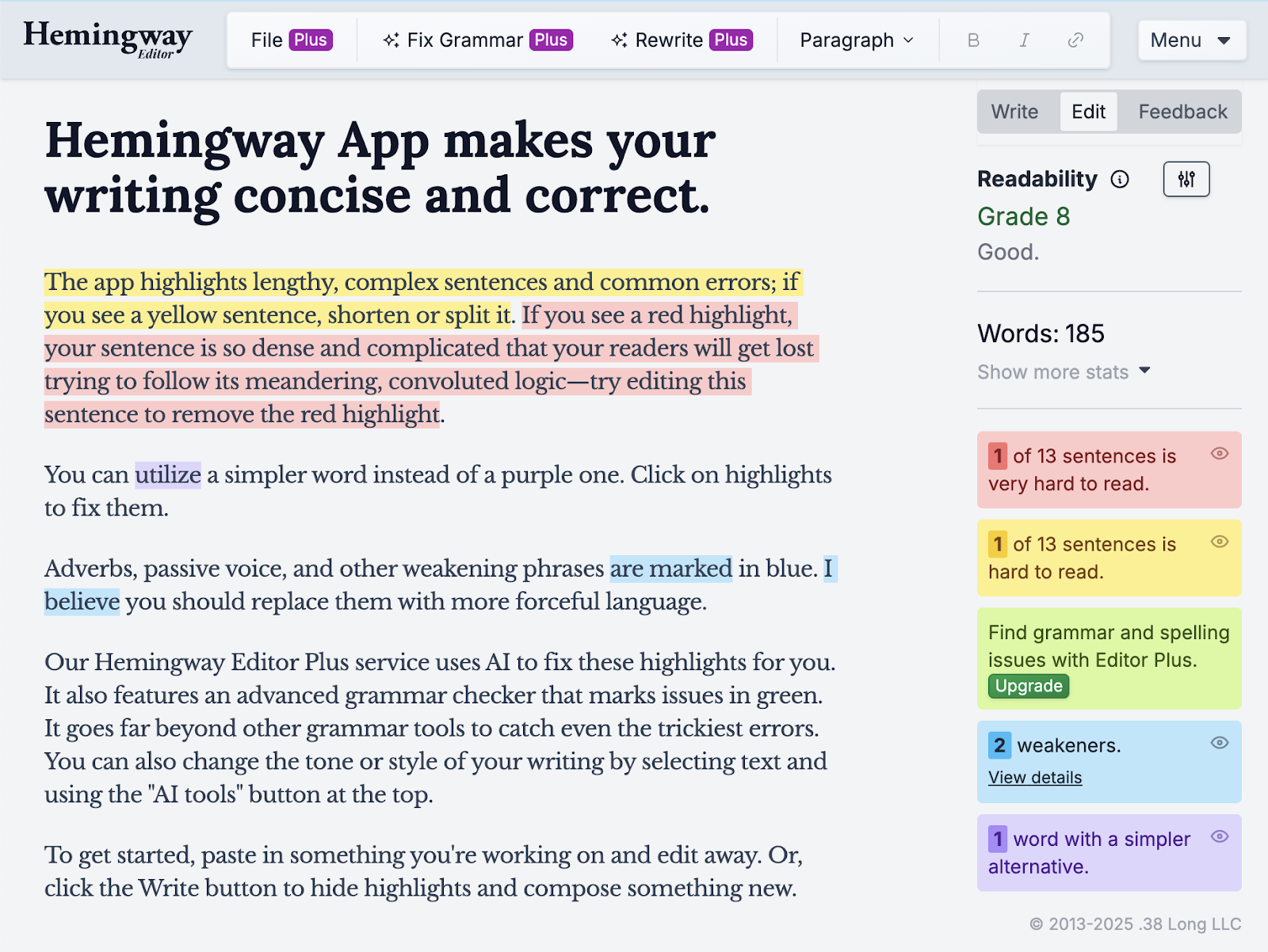 Hemingway Editor Writing Tool has text highlighted by color with suggestions for improving the readability of the sidebar.