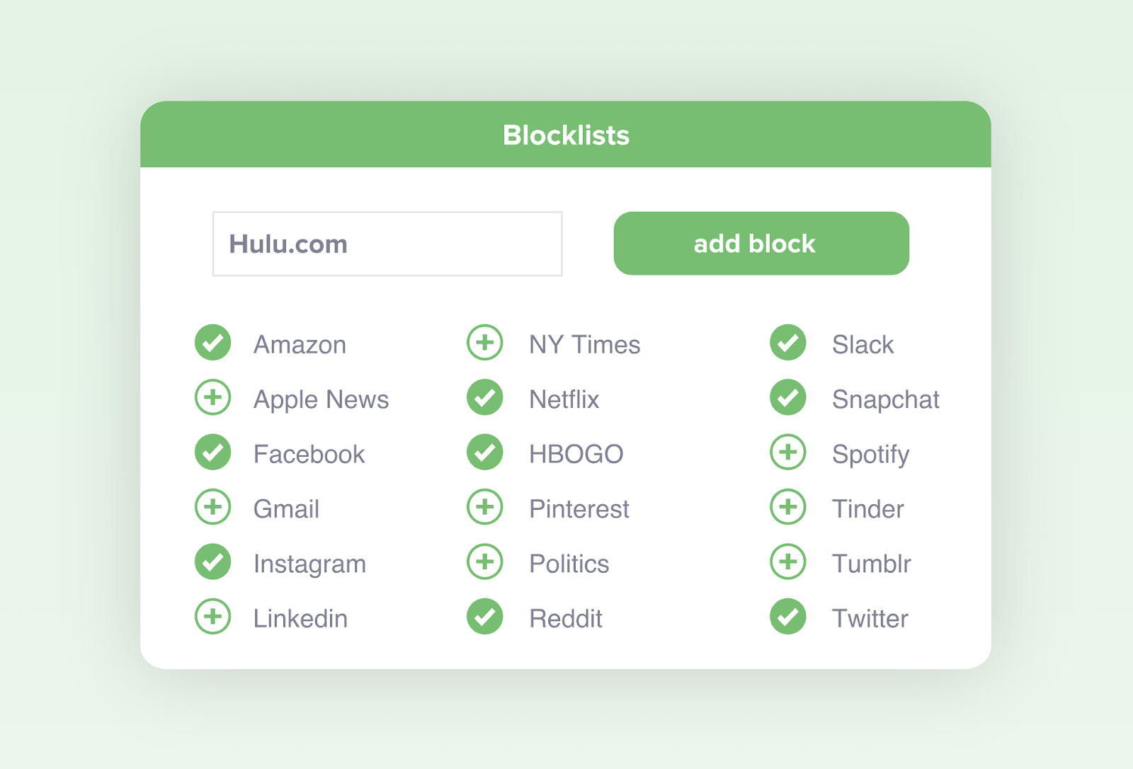 Writing tools show options for adding blocks to sites such as Amazon, Facebook, Reddit, Slack and more.