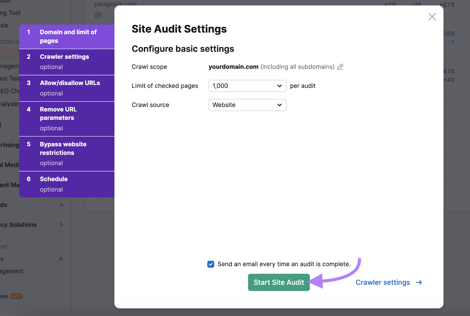 Number of controlled pages per Revision and crawling source is selected.