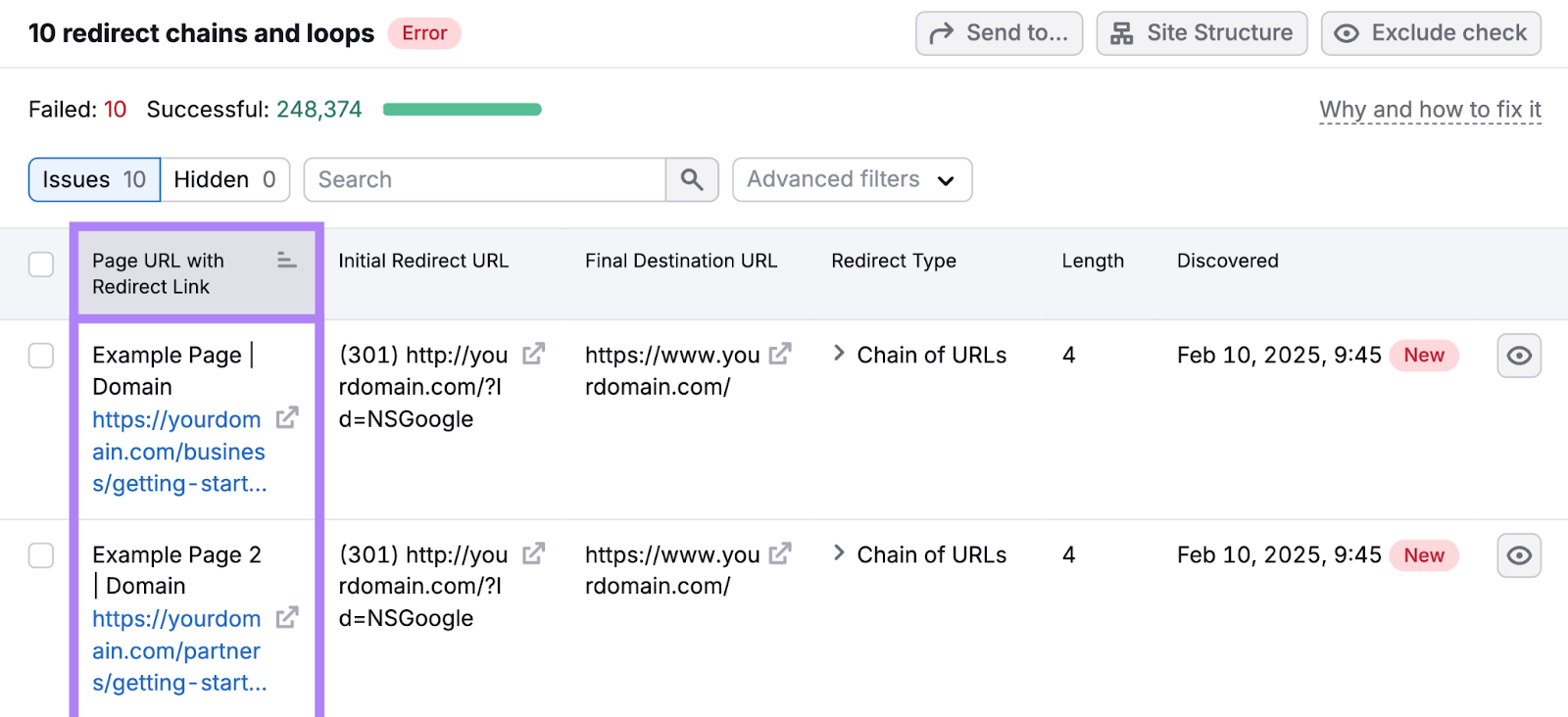 The report shows page -url with redirection link, the initial redirect -url, the final destination -url and more.