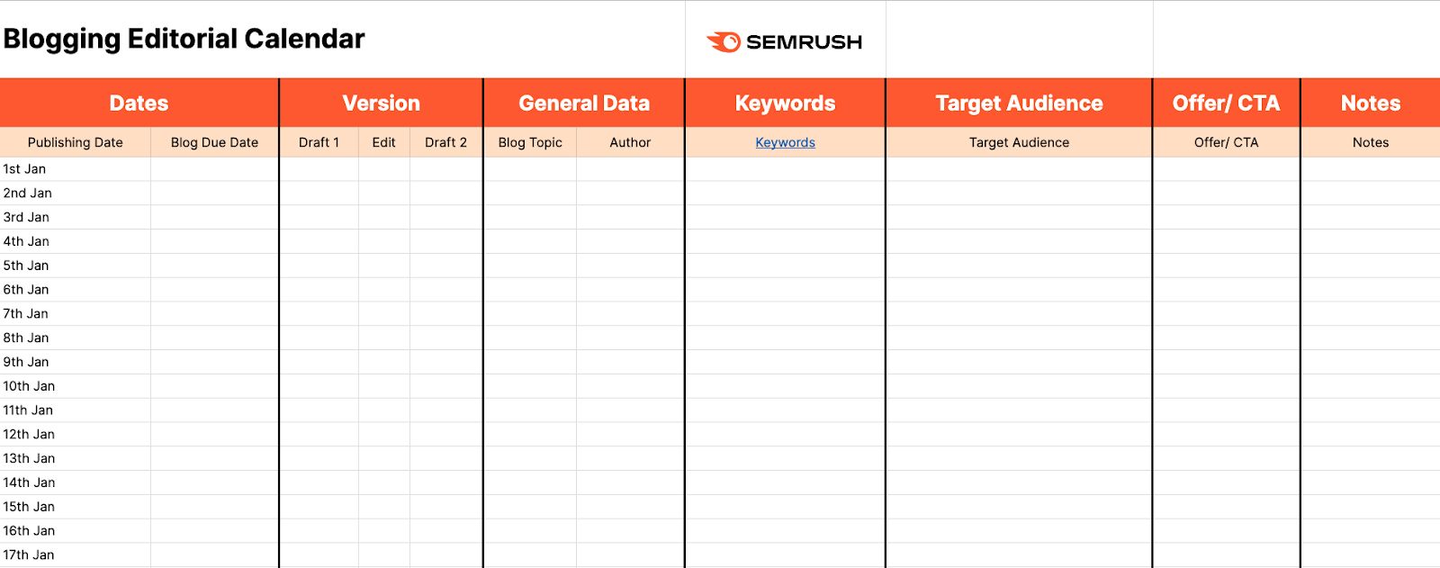 An empty blog marketing calendar template.