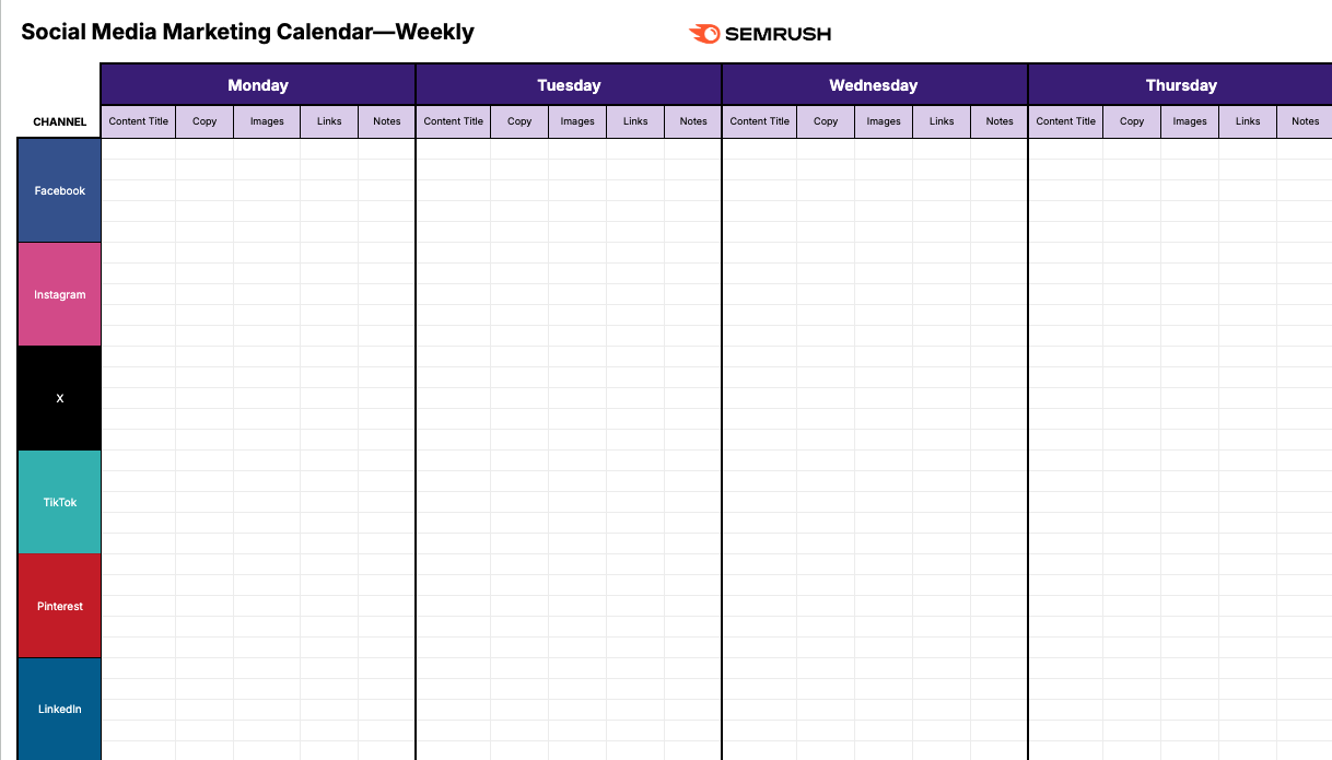 An empty, weekly marketing calendar on social media.