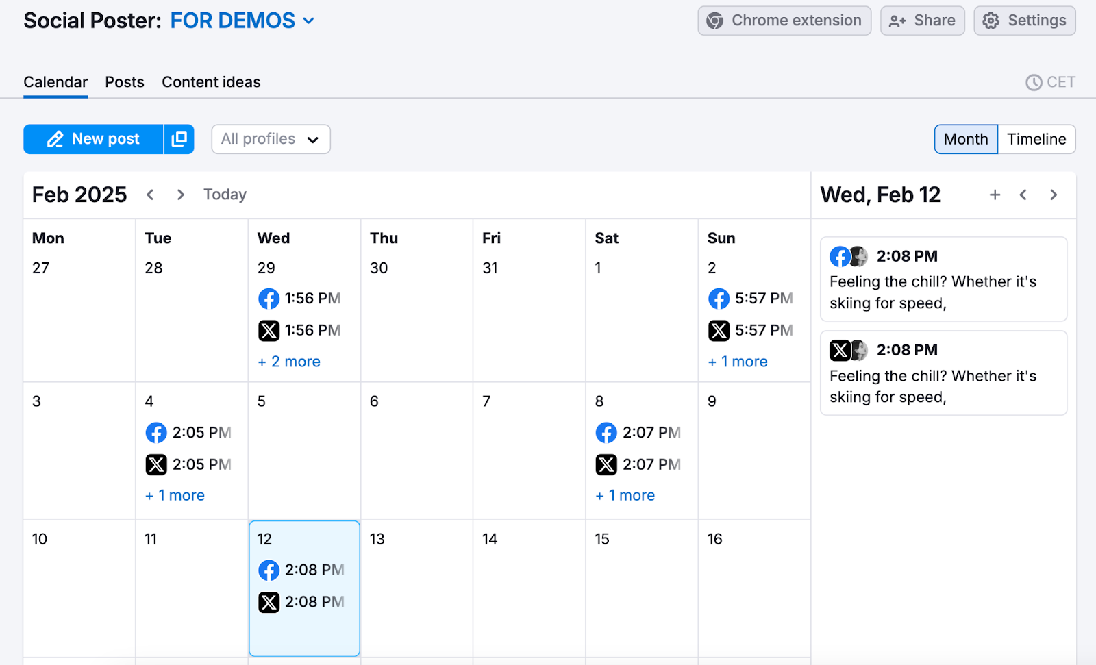 Social poster tool has a marketing calendar view with prepared social positions.