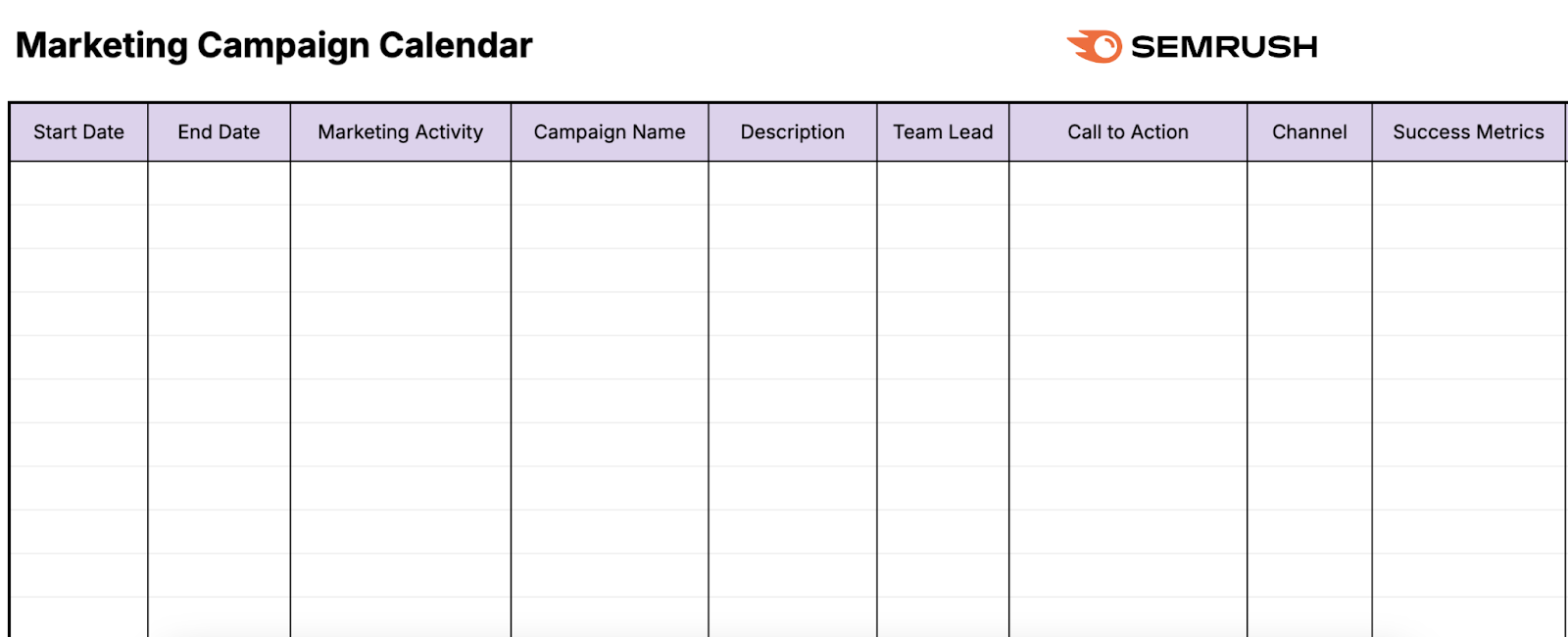 An empty marketing campaign calendar template.