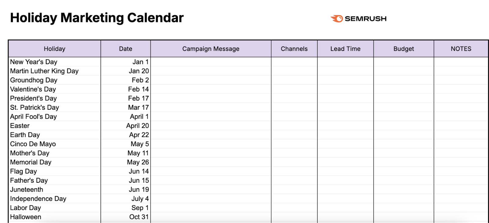 An empty holiday marketing calendar template.