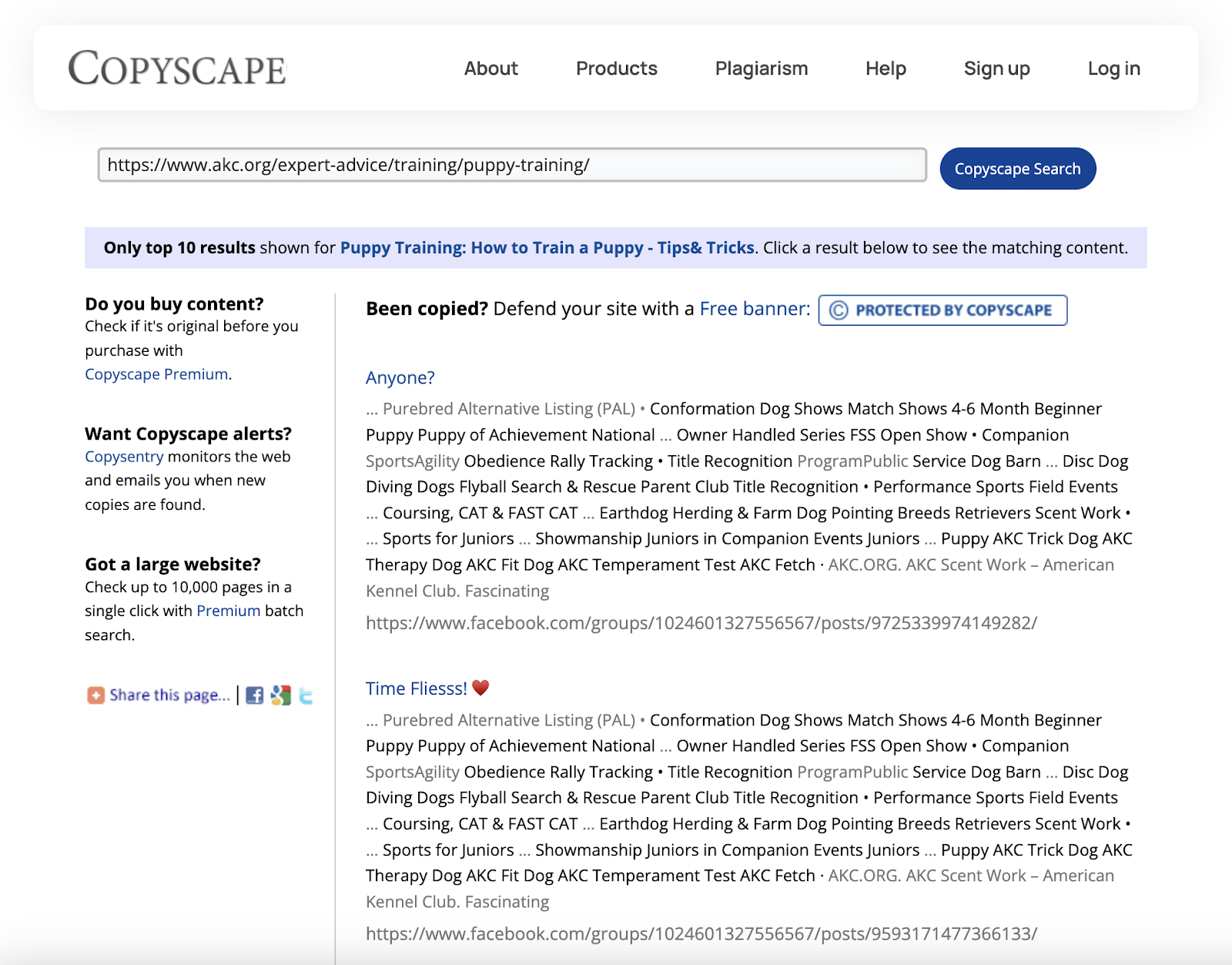 Copyscape's plagiarism checker allows you to click through the results to see the matching content.