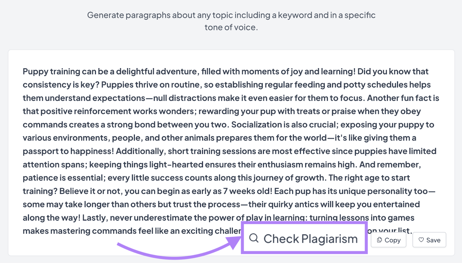 AI Writing Assistant's ability to control plagiarism appears with a magnifying glass icon.