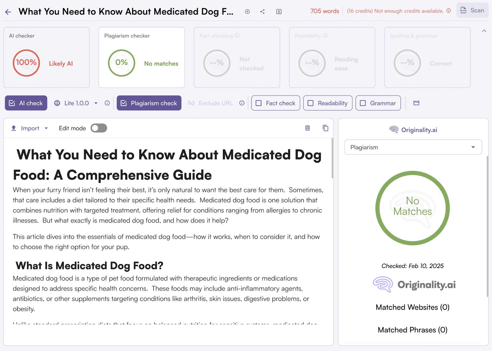 AI detector says our sample text is "100% probably AI" While the plagiarism checker says "0% no matches"