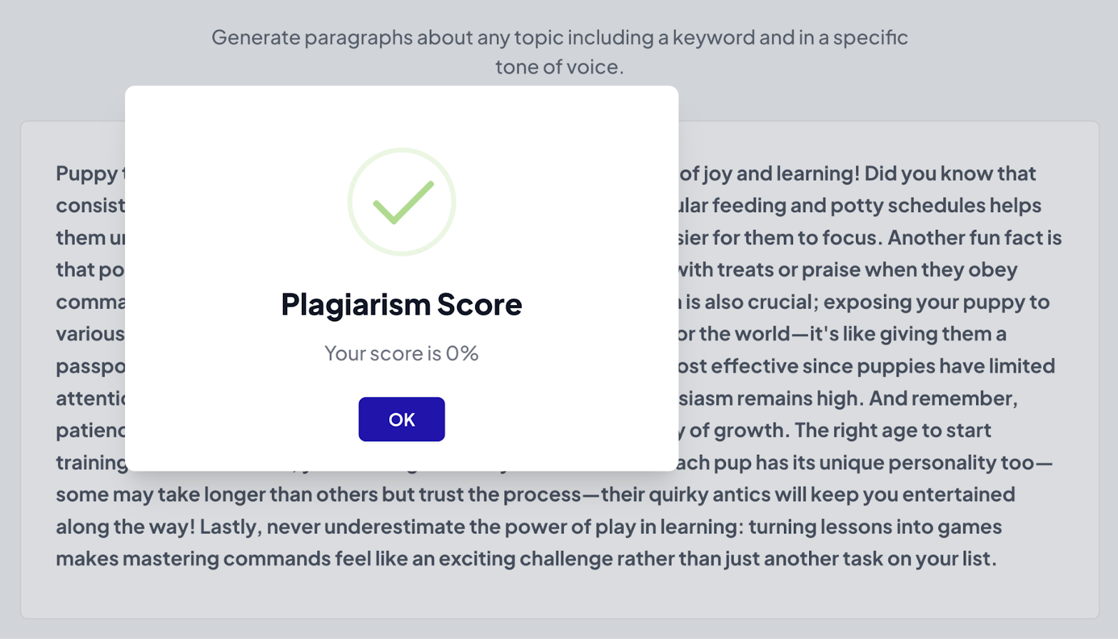 The plagiarism result for our text example is 0%.