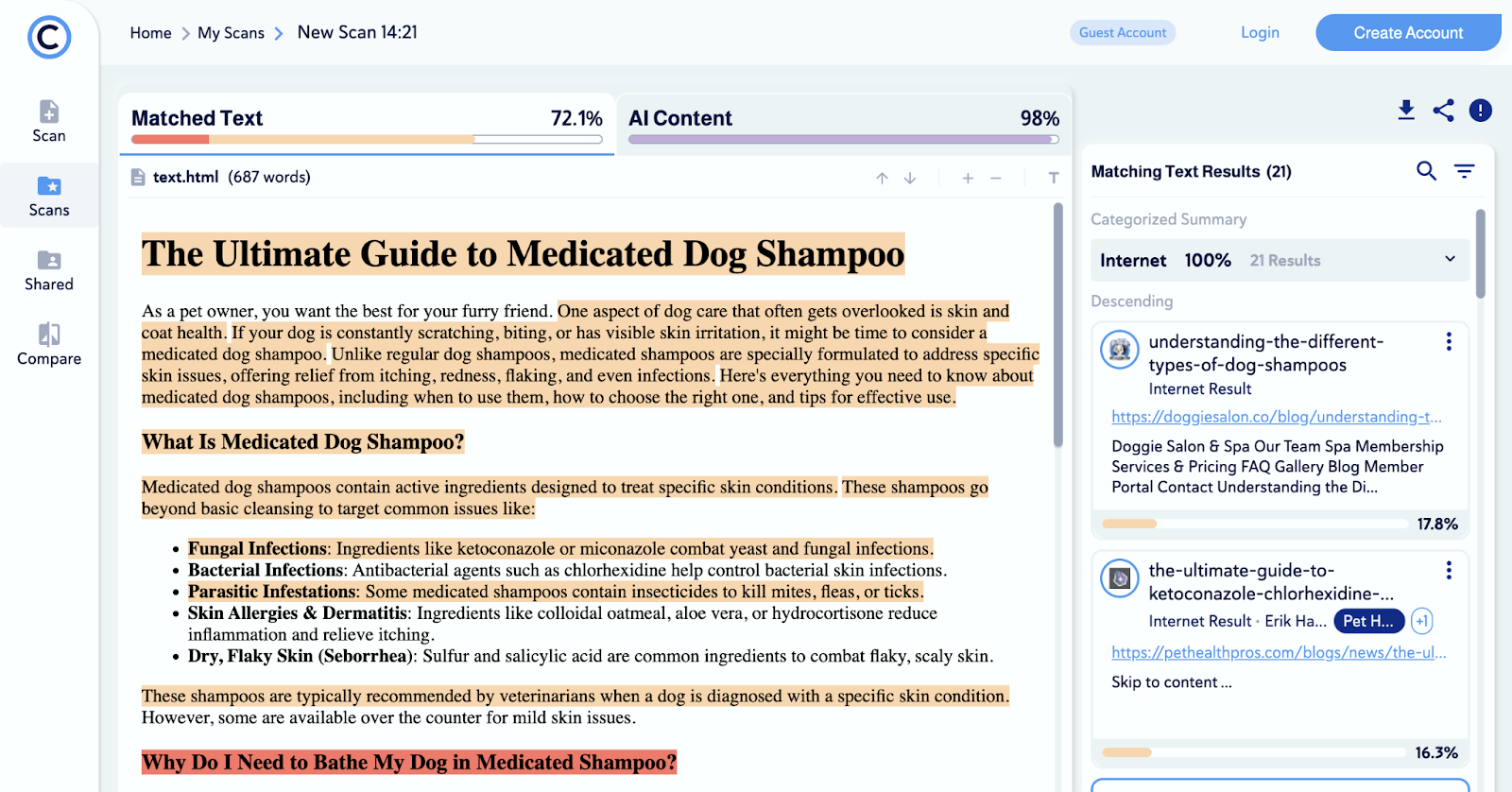 Copyleaks plagiarism checks color codes text based on the severity of matching text and what percentage is AI content.