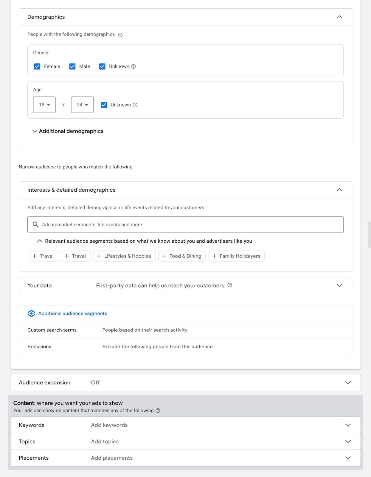 Targeting audiences on Google ads with opportunities to specify the audience based on gender, age, interests, etc.