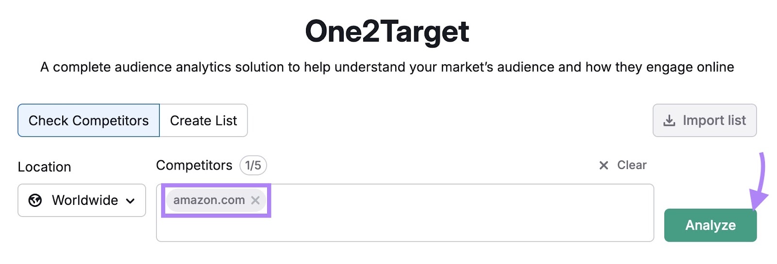 One2target Tool start with "Amazon.com" entered as domain and "Analyze" clicked.