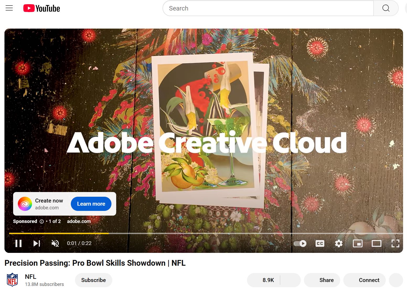 Video ad by Adobe on YouTube with the name of the brand and product that appears from the first second of the ad.