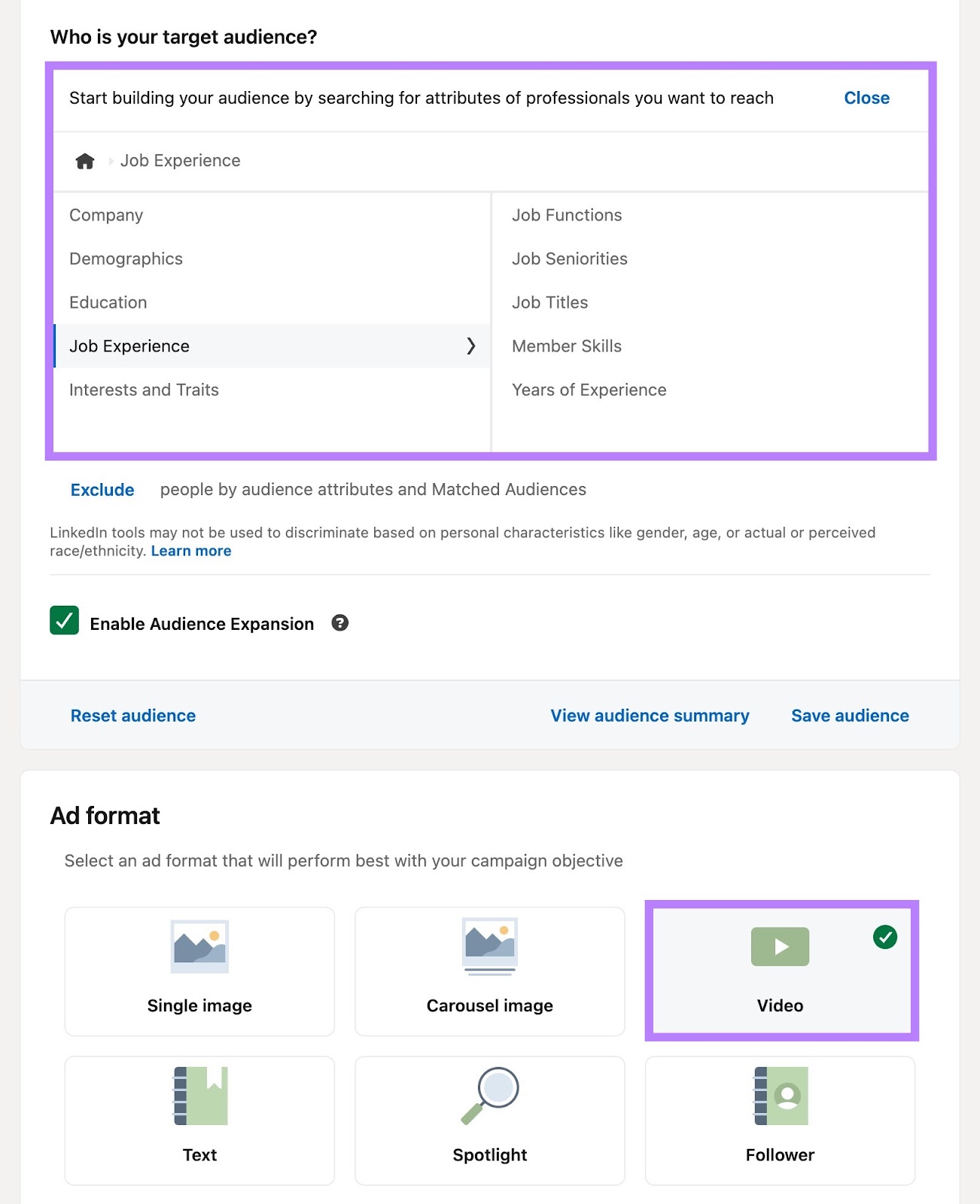 Targeting settings on LinkedIn Ads Manager with opportunities to target based on business, demographics, job experience, etc.