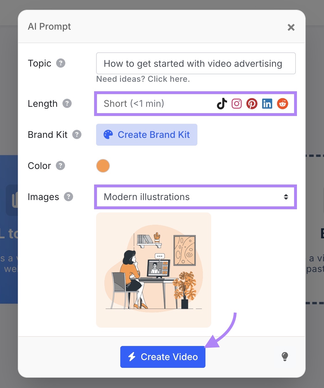 Video Settings on AI Video Marketing Automator app with settings to customize the length of the video, color scheme, visual style, etc.