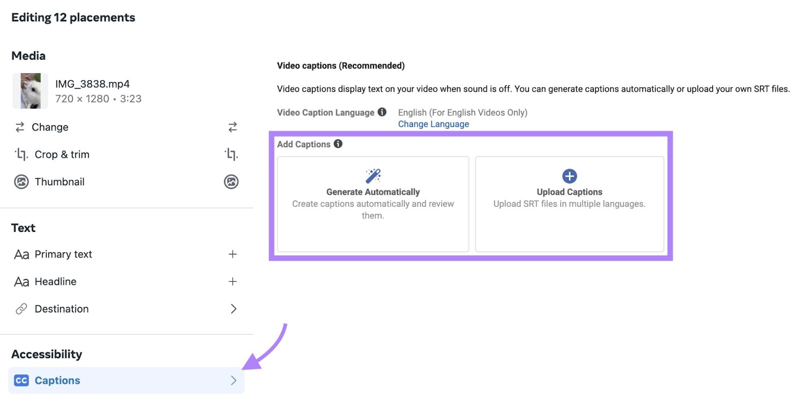 'Caption' window on Meta Ads Manager with options for adding subtitles by uploading an SRT file or generating them automatically.