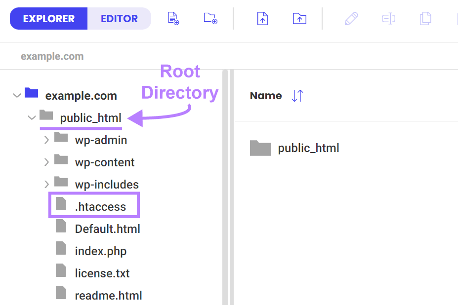 The root directory in this example is Public_html. Then select .htaccess.