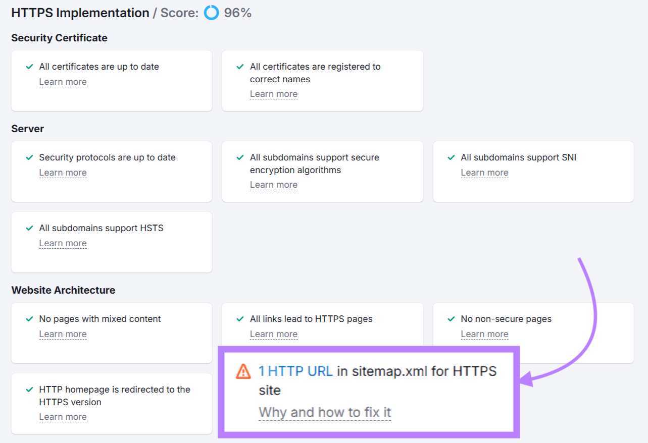 The mistake says, "1 http URL in Sitemap.xml to the https website."