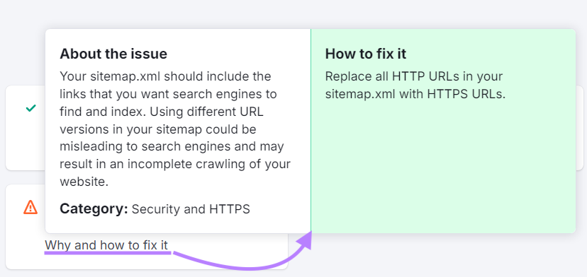 Pop -up explains the problem and says to replace all http -urls in your sitemap with https -urls.