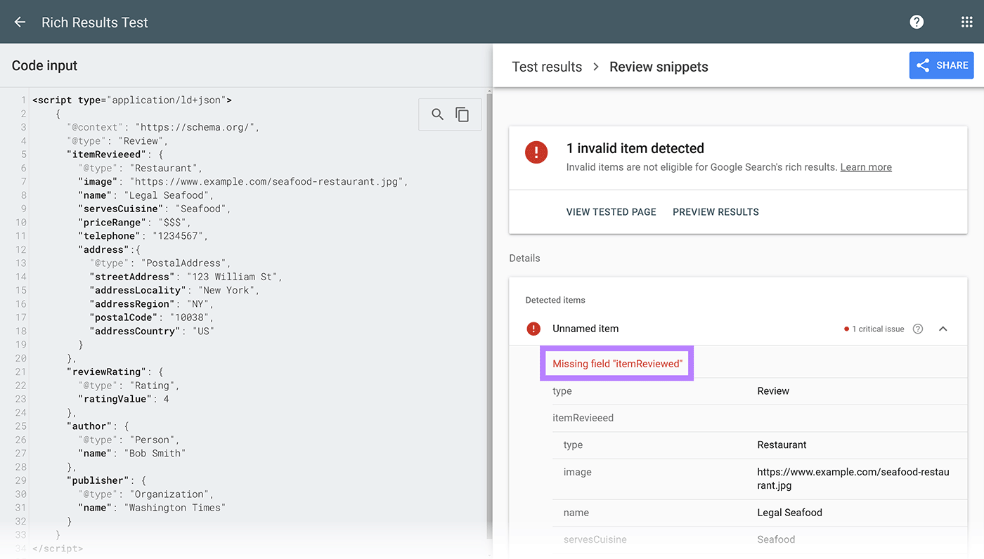 Result results with rich results with missing field errors highlighted