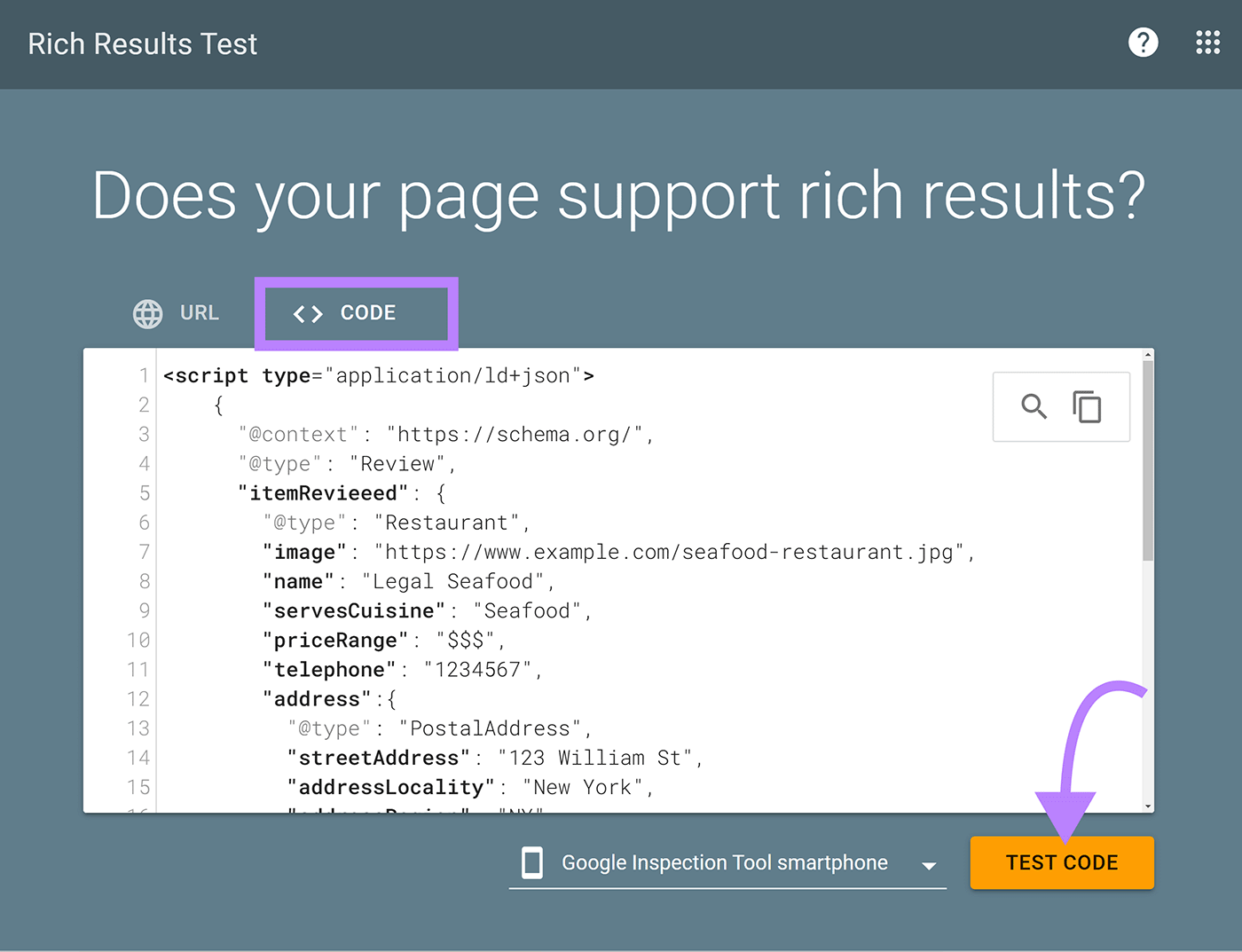 Rich results test page with selected code -tab, code piece inserted and arrow pointing to the test coding button