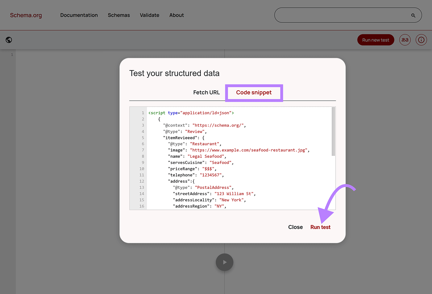 Schema.org Code Piece Validator Popup with the Code piece The tab highlighted, the code piece inserted into field and arrow to run test button.