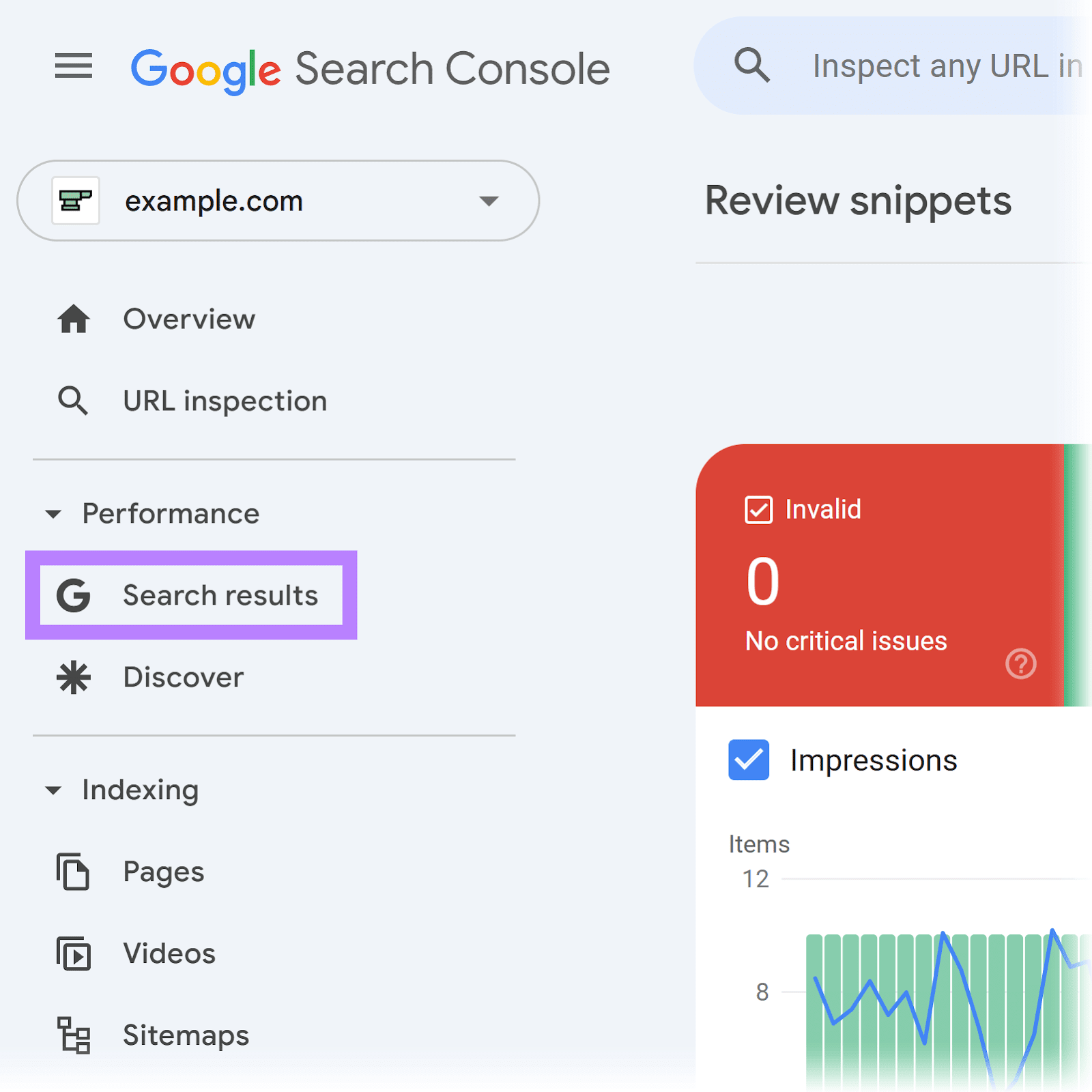 Google -Search Console -Dashboard with Search Result Menu Setting Highlighted