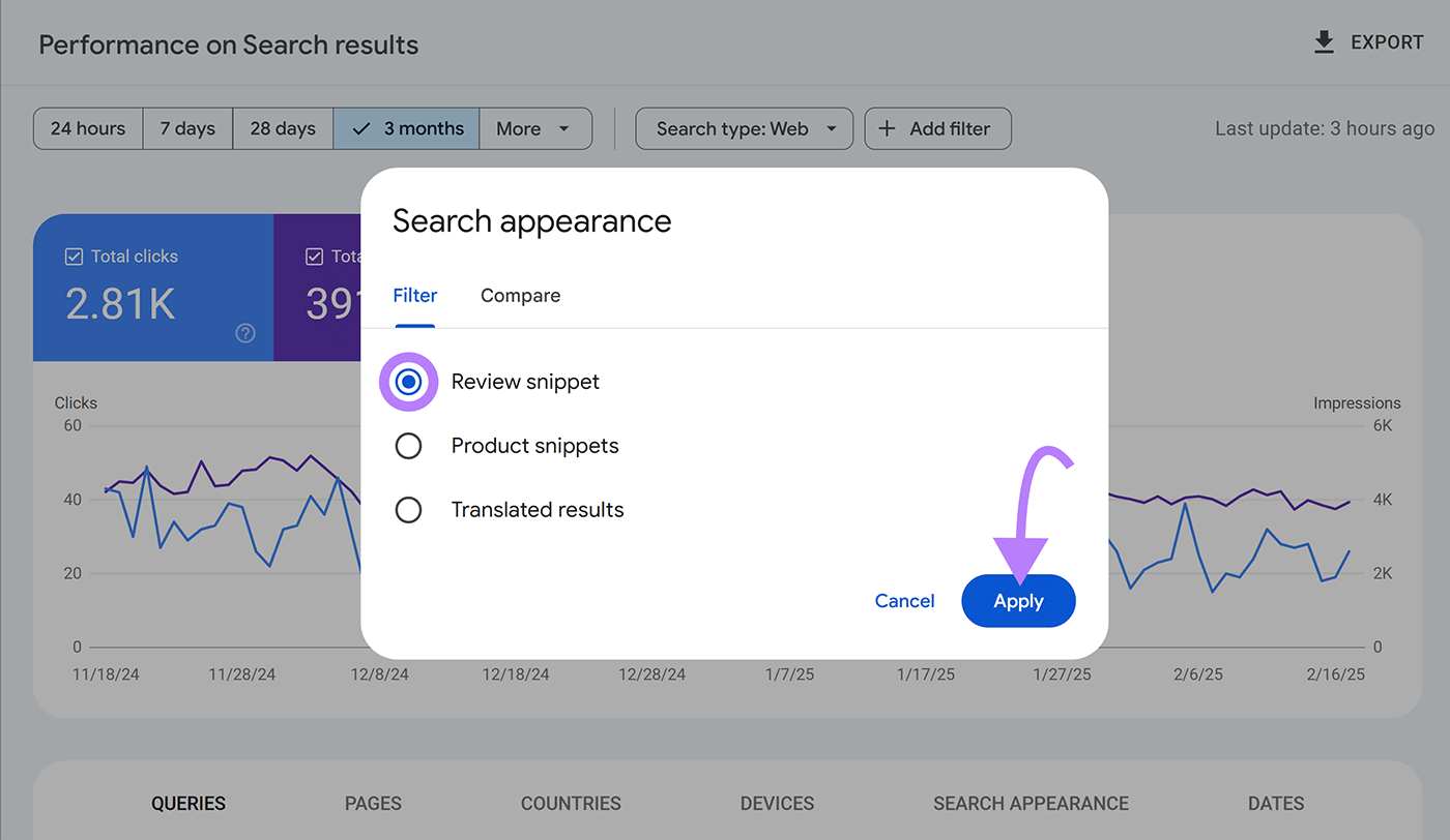 Search performance filter popup with review Extract Radio button selected and highlighted and the arrow pointing to applying button