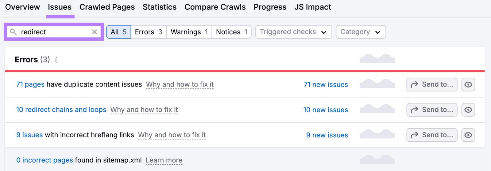 Search for redirection in site audit problems shows errors such as duplicate content, redirection chains and loops and more. You can also send each error as a task to a task management tool.