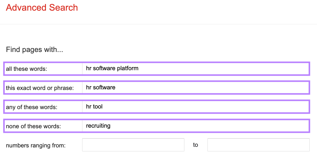 Options to find pages with certain criteria on Google's advanced search page.