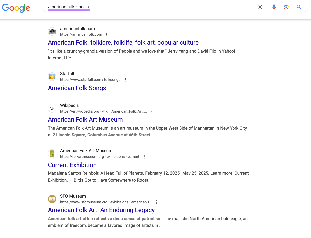 To exclude music -related pages, add minus the character operator. Like this: "Search results for the query" American people "It doesn't mention"