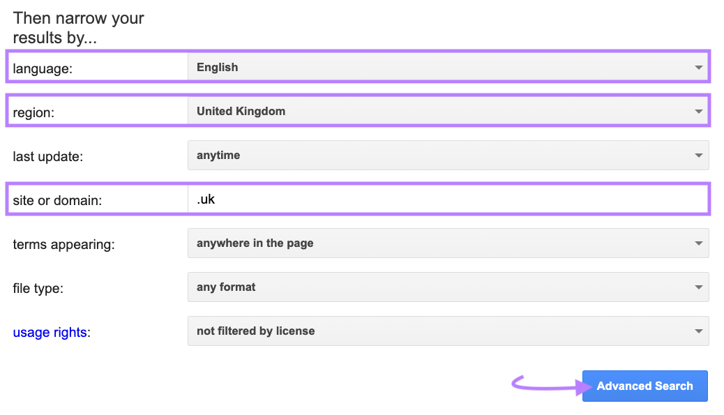 Options to further narrow results by language, region, etc. on Google's advanced search page.