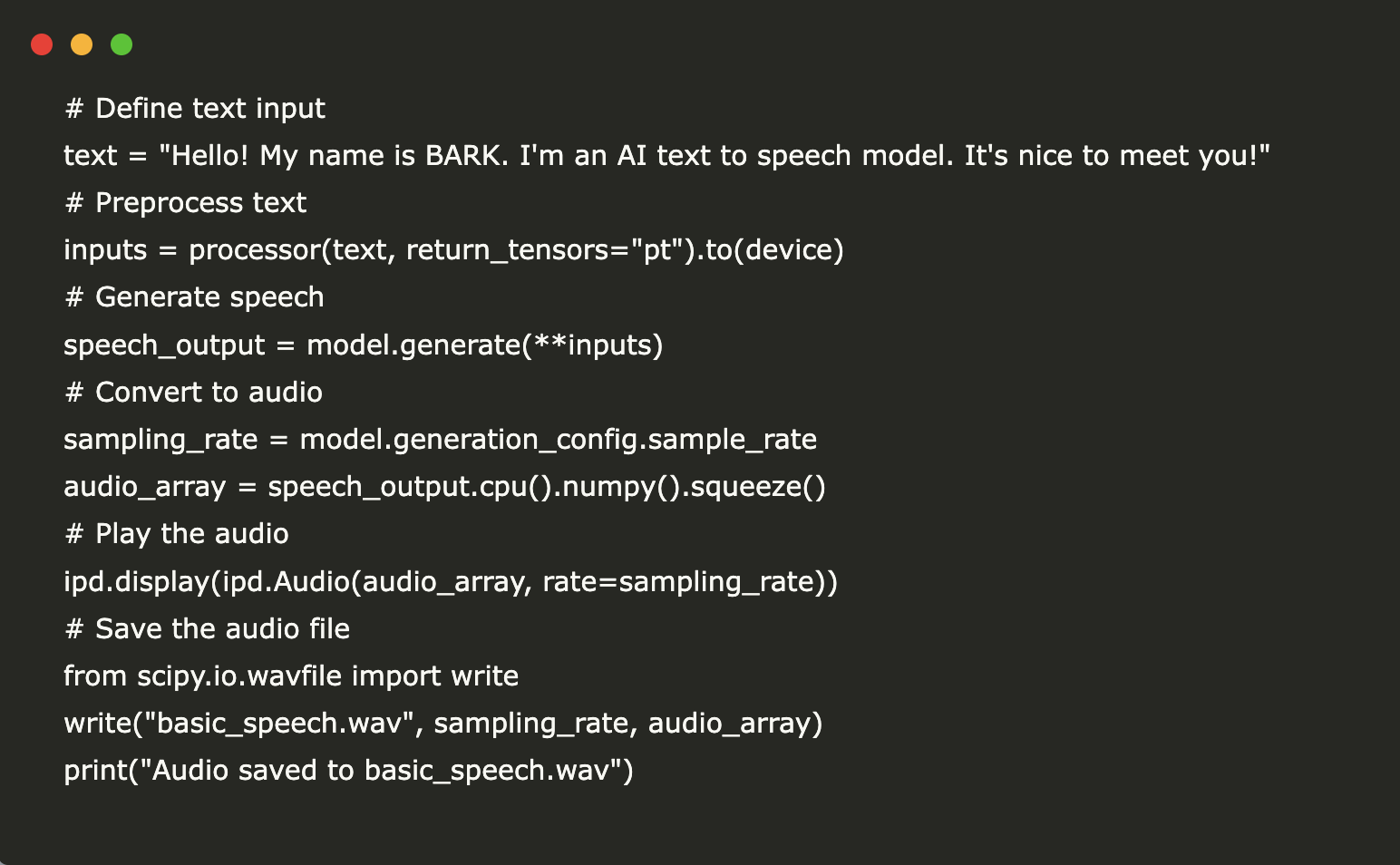 Implementation of text-to-speech TTS with bark using Hugging Face's Transformers Library in a Google Colab environment