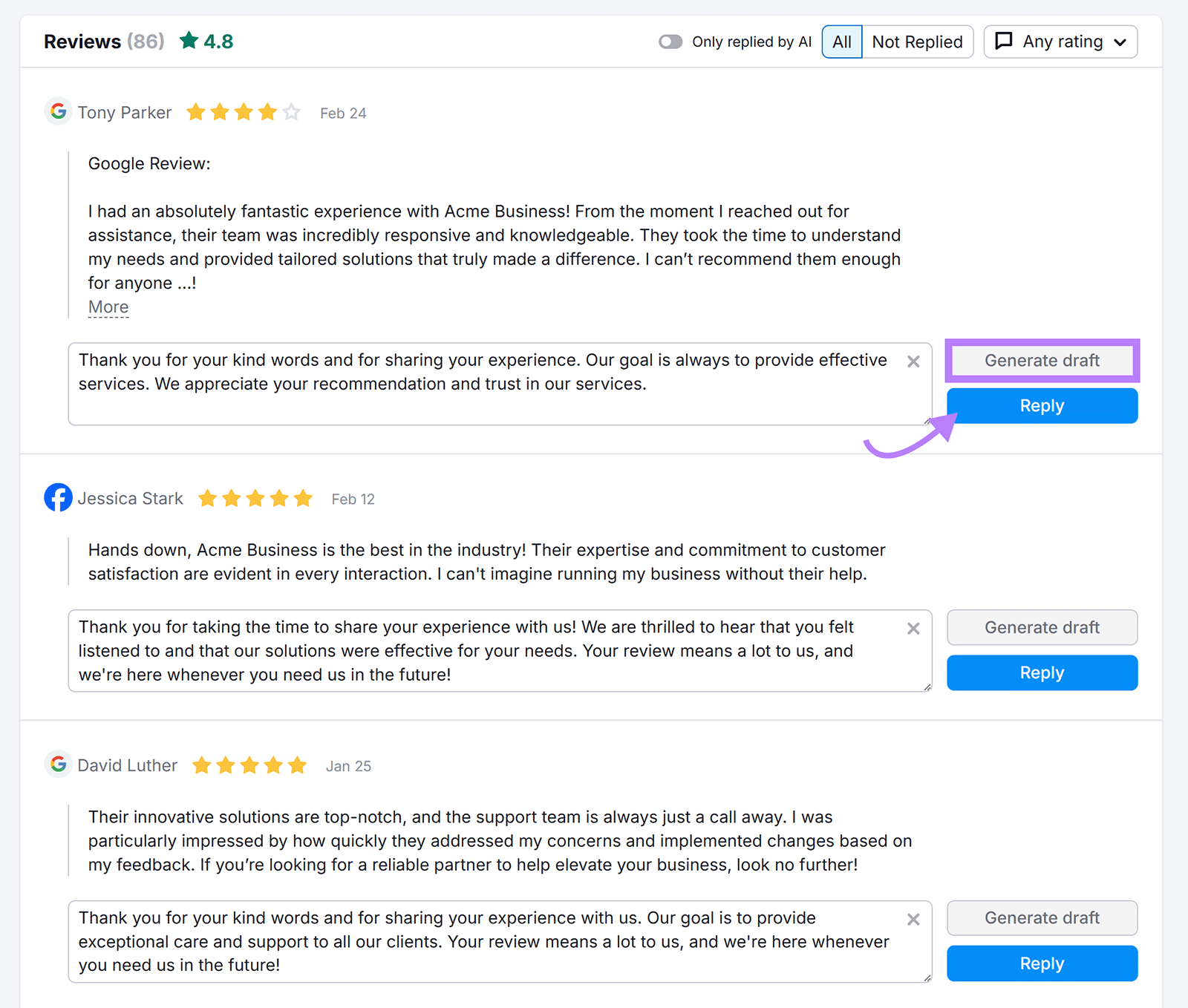 Section with reviews with recent reviews, generating draft button highlighted and arrow to respond to button