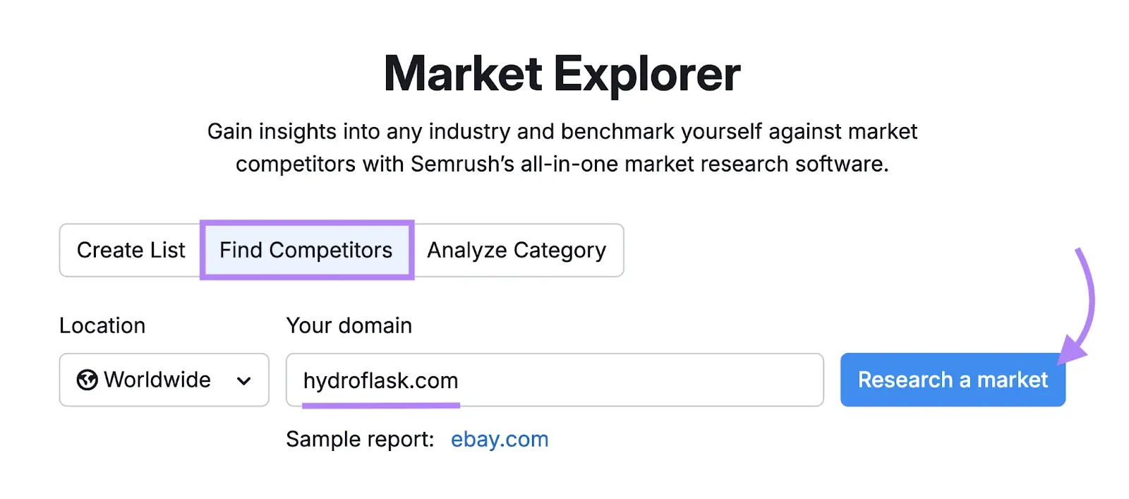 Market survey tool starts with "Hydroflask.com" entered as the domain, "Find competitors" chosen and, "Examine a market" clicked.