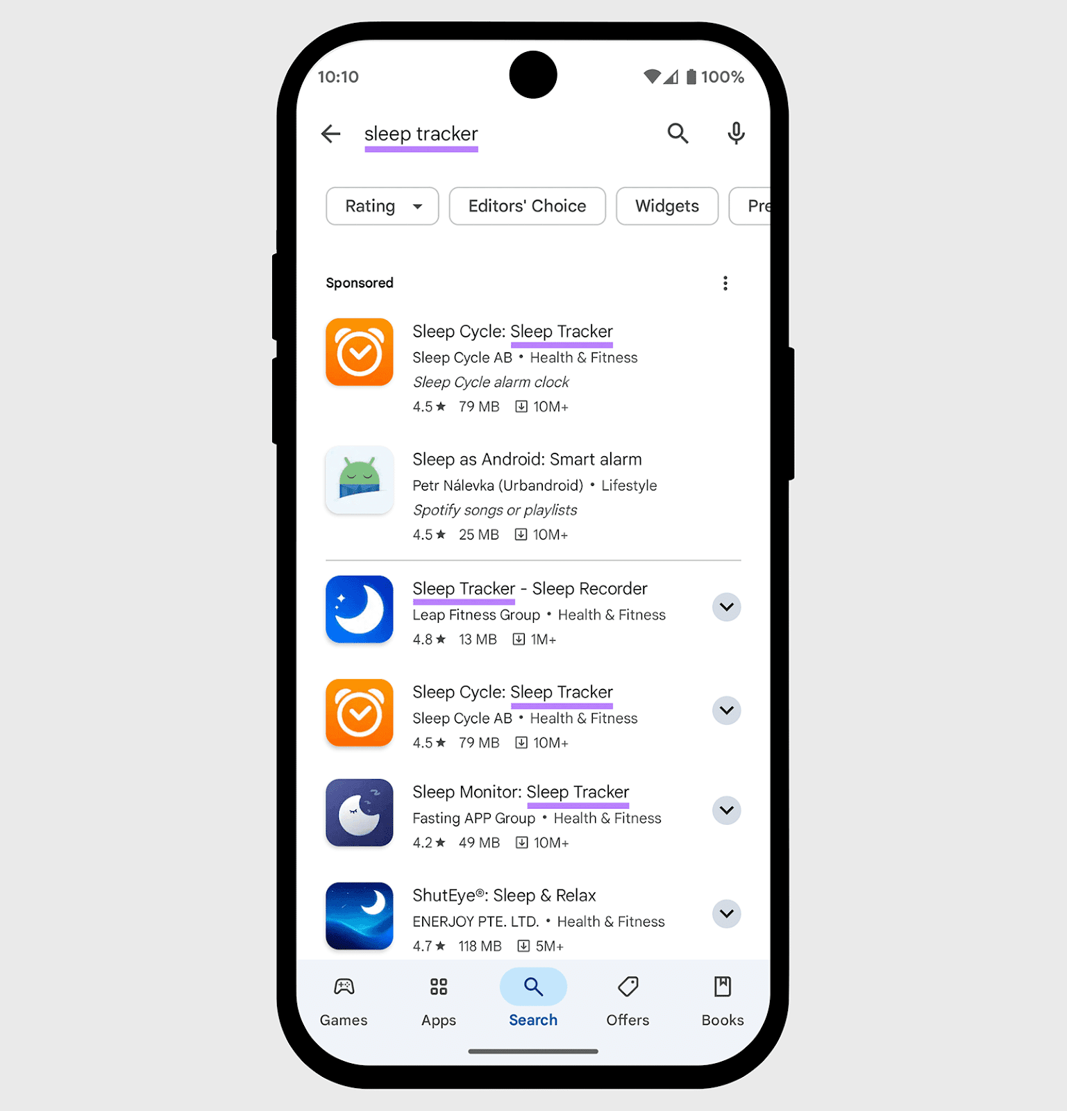 Google Play Store -Seeking results for 'Sleep Tracker' with the key word 'Sleep Tracker' highlighted in listing of titles