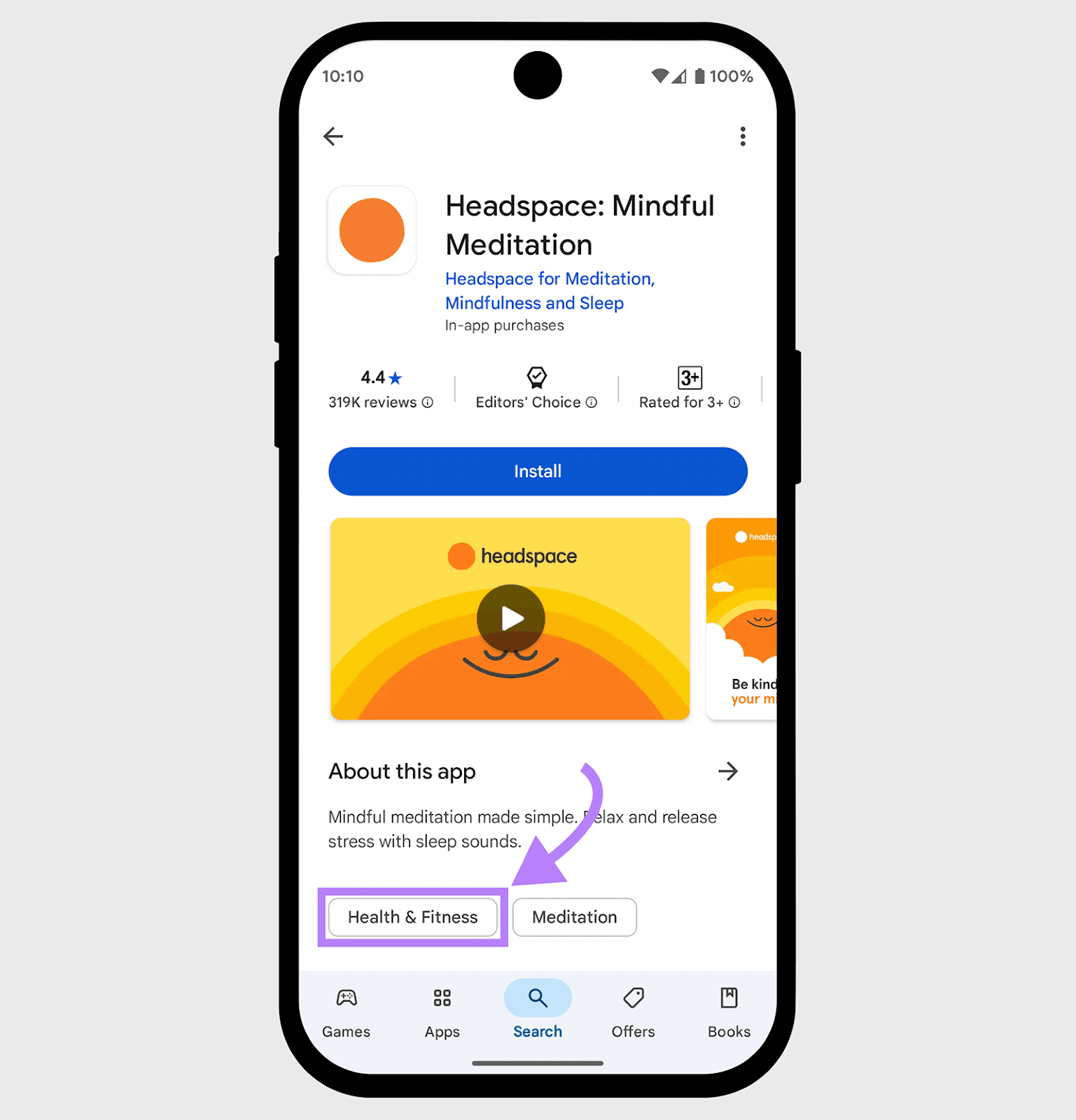 HEADSPACE -App in Google Play Store with category 'Health & Fitness' highlighted