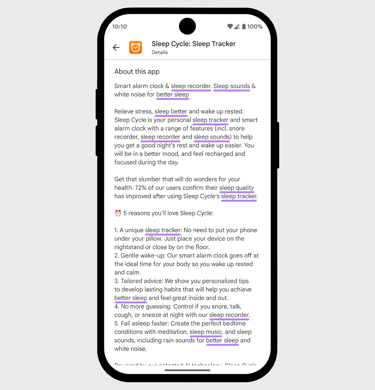 Sleep Cycle App Description In Play Store with Sleep -related Keywords Highlighted