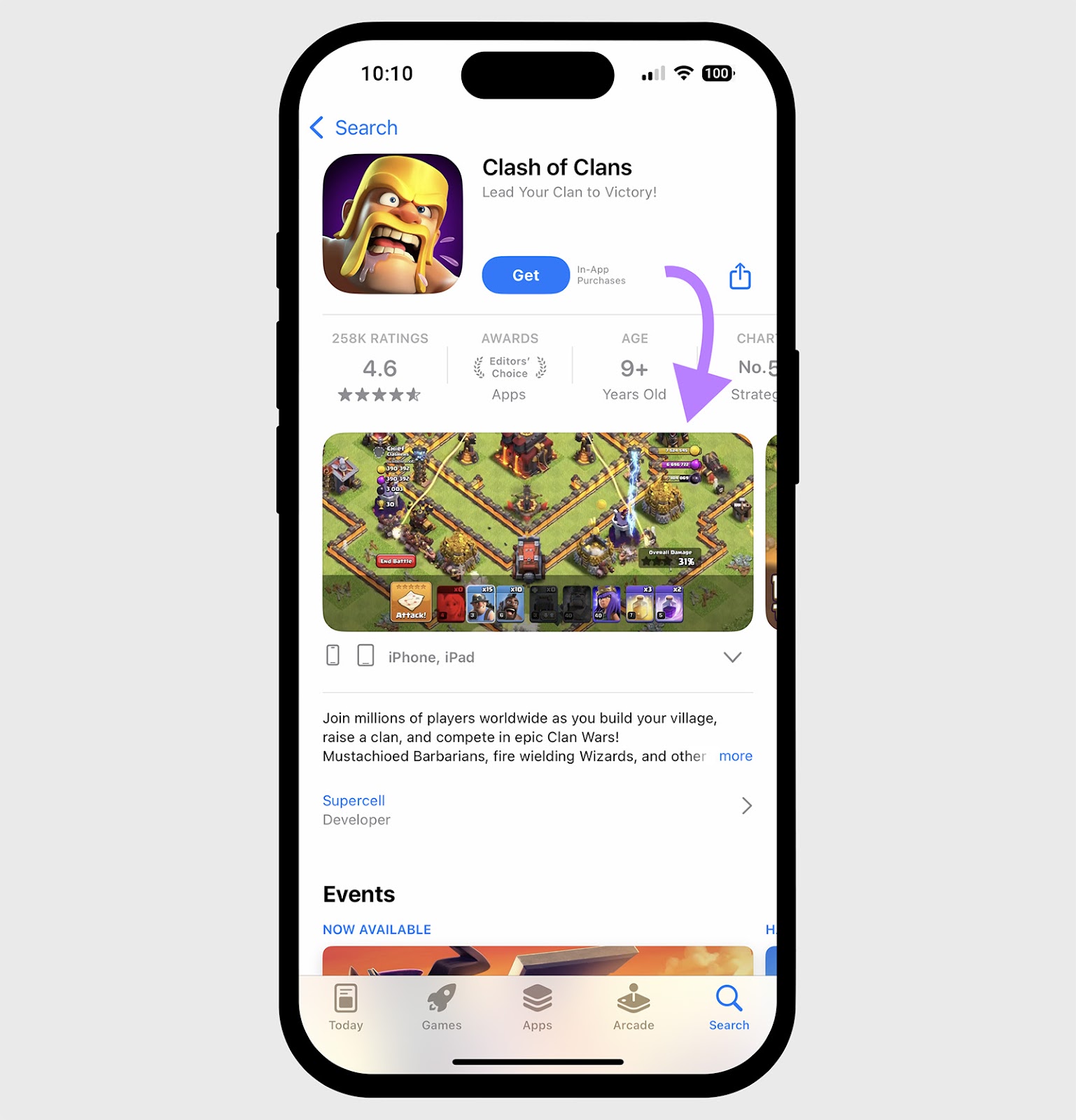 Clash of Clans -App in the Apple App Store with Arrow pointing to Screens