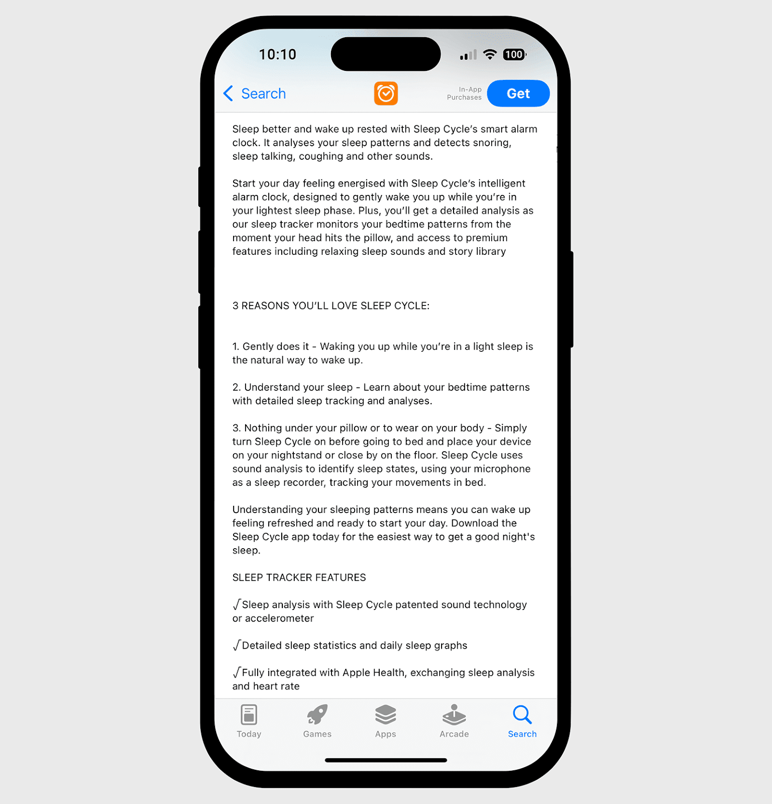 Sleep cycle description in the Apple App Store